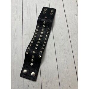 Black Wide Faux Leather Cuff Bracelet with Clear Crystal Studs Adjustable